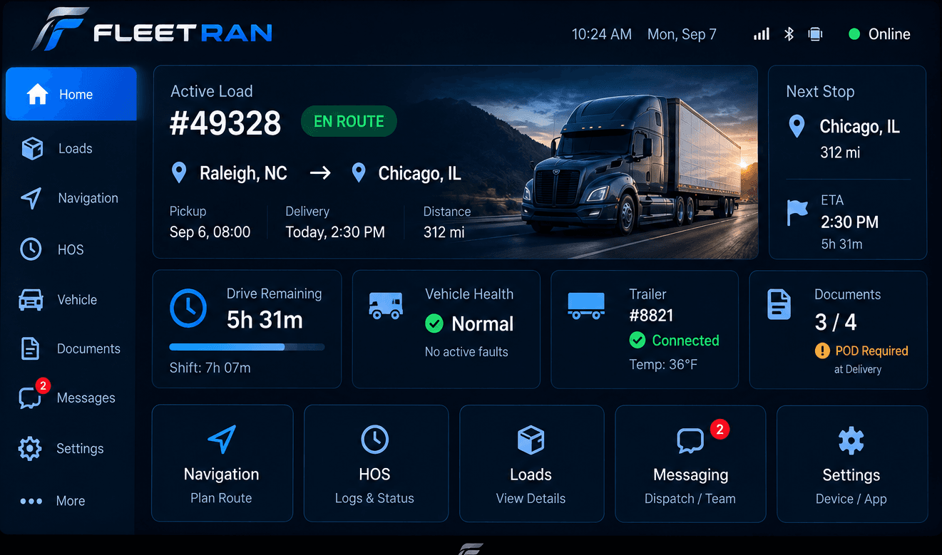 FleetRan Driver Terminal — Home