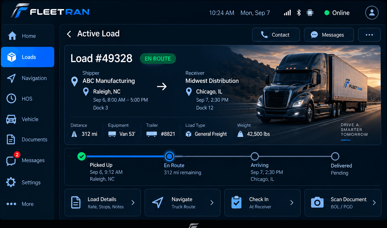 FleetRan Driver Terminal — Active Load